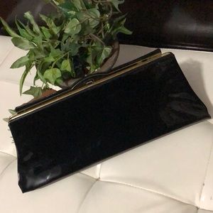 Large Vintage Clutch Style Purse-Black Patent-13x5-Gold Toned Trim-EUC-1950’s